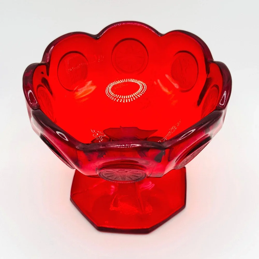 Fostoria Coin Glass Ruby Red Footed Compote Candy Dish UV Reactive Vintage
